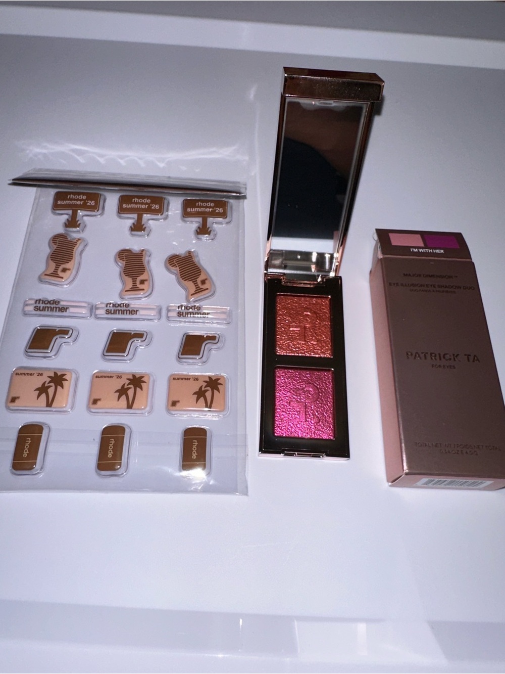 Patrick Ta Duo Eyeshadow Palette - Pink & Copper Shimmer and rhode stickers
